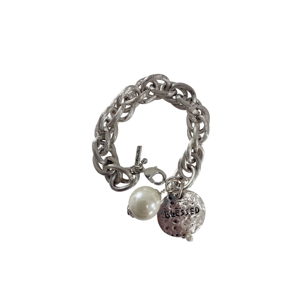 Atelier Charm Bracelet 8 Inch Silver Tone Blessed Disc Faux Pearl Textured Link
